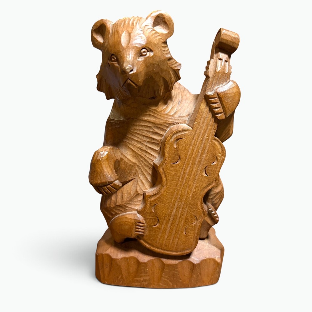 VTG Russian Hand Carved Wood Bear Playing Cello Folk Art Figurine Rustic Decor